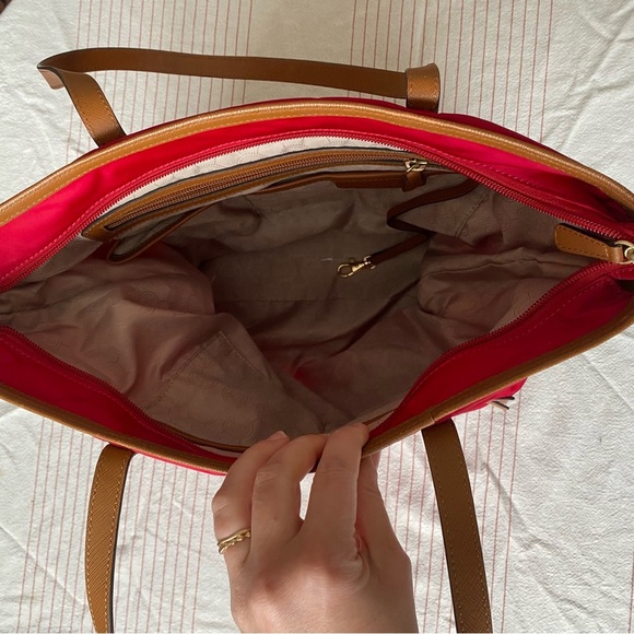Michael Kors Red Tote Bag with Tan Leather Accents gold accents - Picture 11 of 11